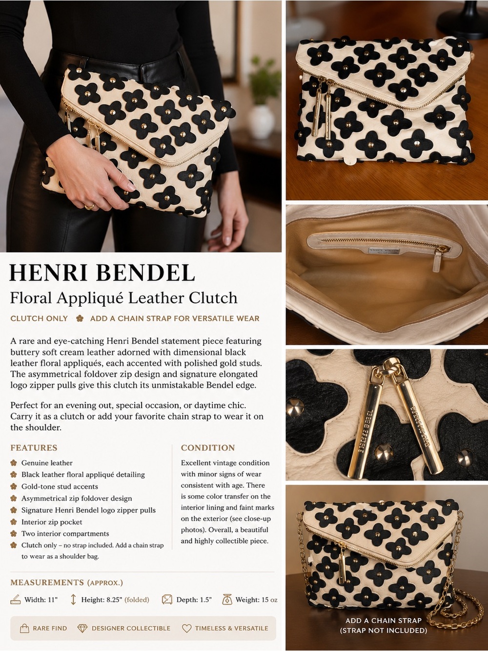 Henri Bendel Floral Appliqué Leather Clutch | Cream & Black Studded |Statement
